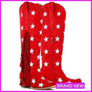 Knee High Cowboy Boots Fringe Western Suede Rhinestone Star Cutouts Boho